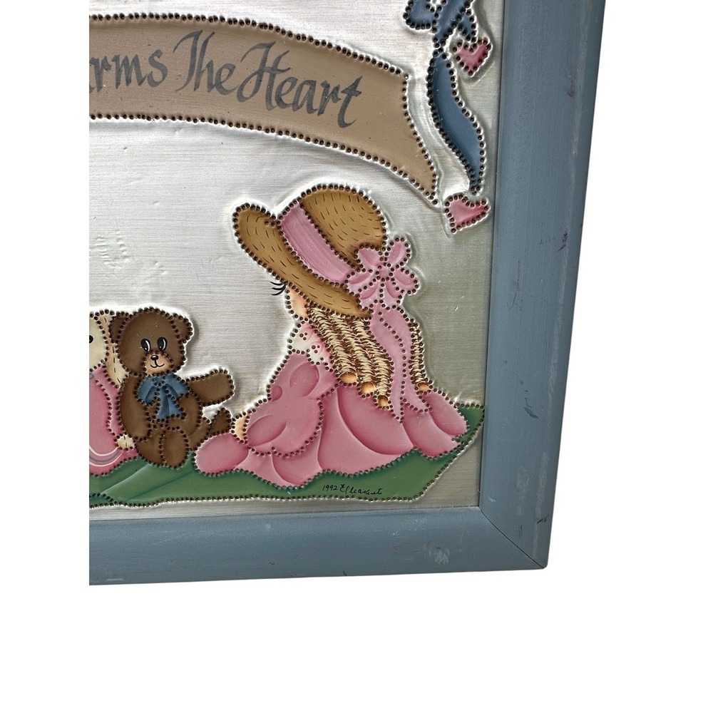 Vintage 1992 Hand Painted Tin Punched Girls Rabbit Bear Picture Signed Framed - Picture 7 of 14